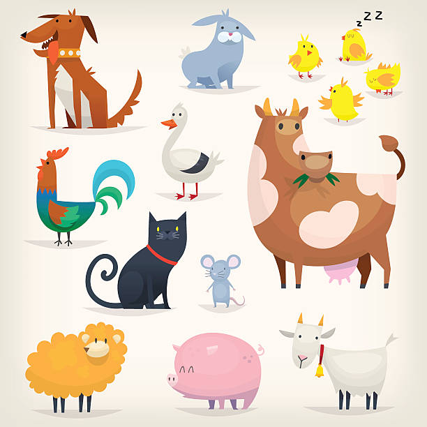 ilustraciones, imágenes clip art, dibujos animados e iconos de stock de aves y animales de granja - cartoon cow cute vector