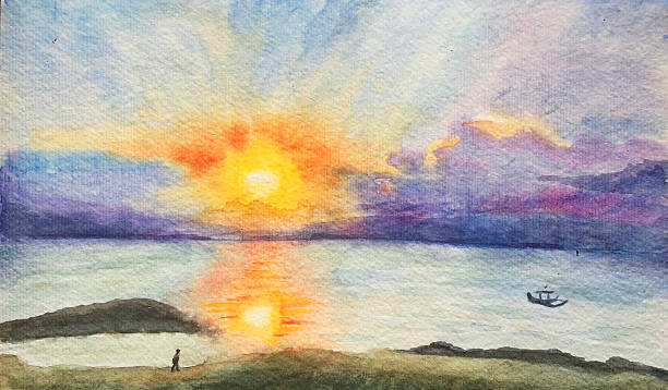 istock Watercolor hand-painting sunset time on the beach 519707132