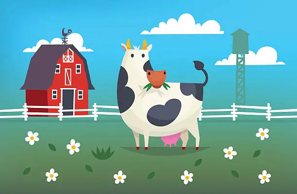 Vector illustration of Cow eats grass on a farm