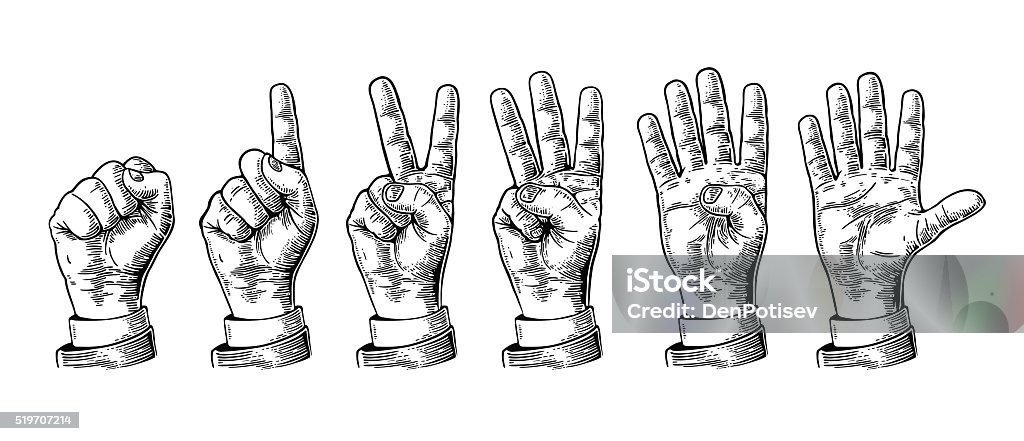 Set gestures hands counting from zero to five. Set of gestures of hands counting from zero to five. Male Hand sign. Vector vintage engraved illustration isolated on white background. Retro Style stock vector