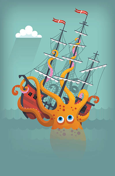 Octopus sinks ship Giant squid breaking and sinking ship in an ocean sinking ship images stock illustrations