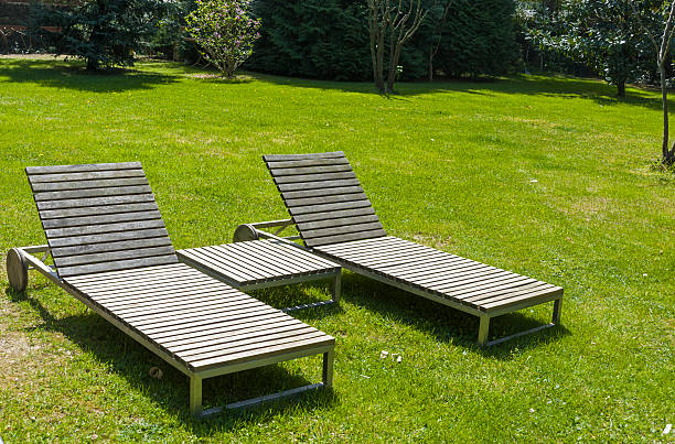 istock Two sunbeds on grass in garden. 519708044