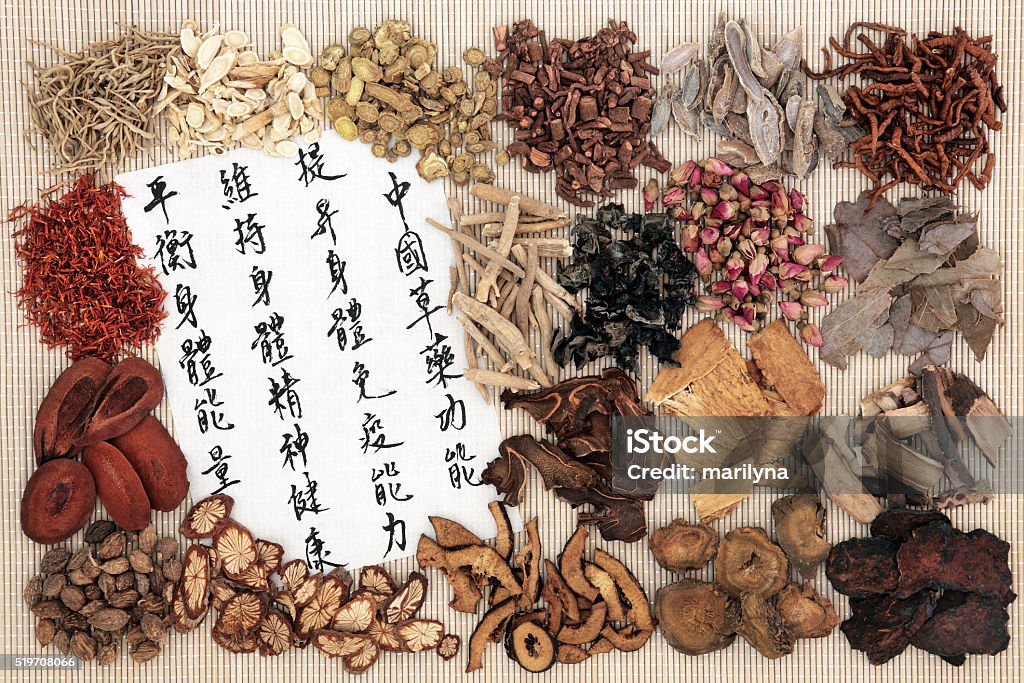 Chinese Herbal Medicine Chinese medicine with herb ingredients and calligraphy on rice paper. Translation reads as chinese herbal medicine as increasing the bodys ability to maintain body and spirit health and balance energy. Alternative Medicine Stock Photo