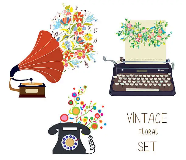 Vector illustration of Vintage set - gramophone, typewriter and phone - floral nice design