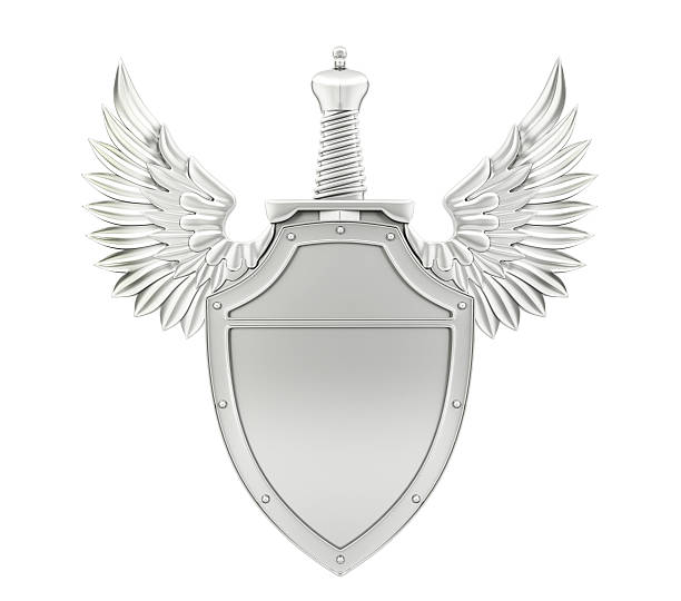 istock Silver metal shield with wings and sword 519710974