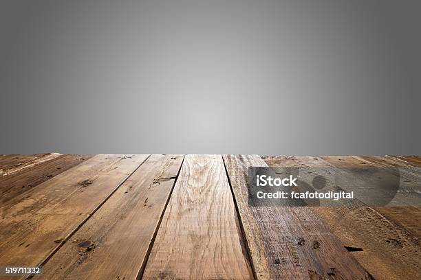 Empty Wood Table With Gray Background Stock Photo - Download Image Now - Table, Wood - Material, Diminishing Perspective