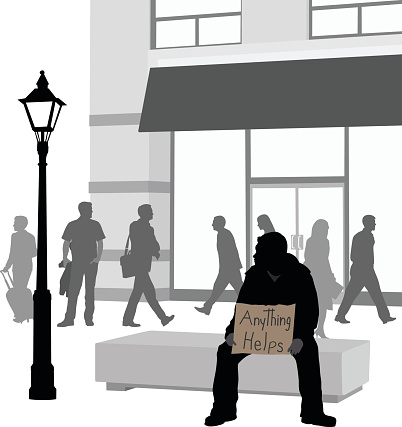 A vector silhouette illustration of a homless young man sitting on a bench in a street with a sign reading 