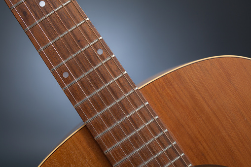 A detail shot of a neck of a western guitarin front of a grey background.