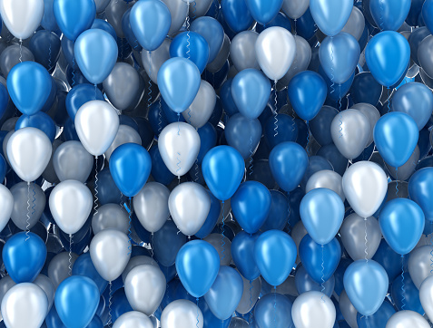 Big group of blue and white party balloons 