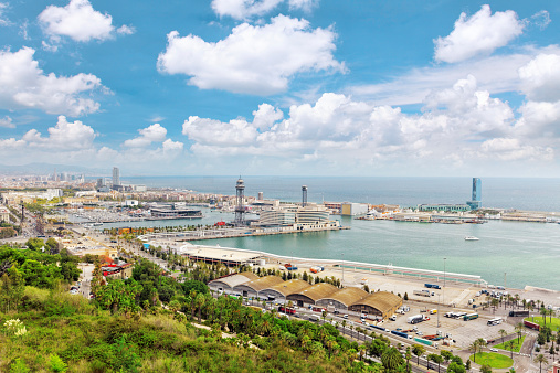 Panorama on Barcelona Seaport from Montjuc castle.Catalonia.