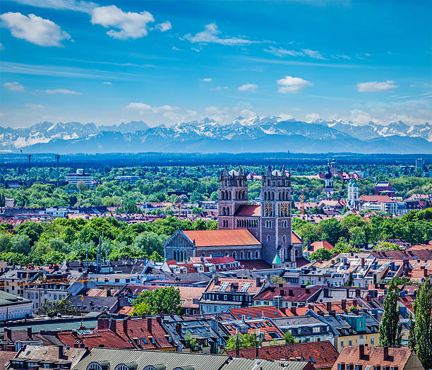 istock Aerial view of Munich with Bavarian Alps in back 519726863