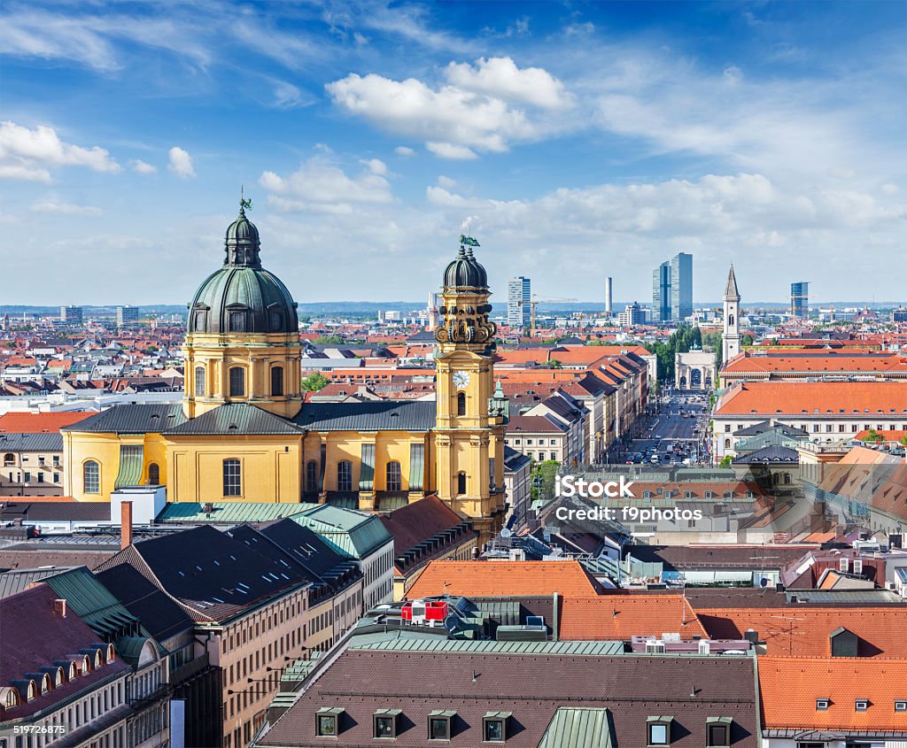 Aerial view of Munich Aerial view of Munich over Theatine Church of St. Cajetan Theatinerkirche St. Kajetan and Odeonplatz, Munich, Bavaria, Germany Aerial View Stock Photo