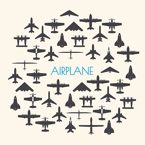 비행기 아이콘 세트 및 배경 - air vehicle airplane commercial airplane private airplane stock illustrations
