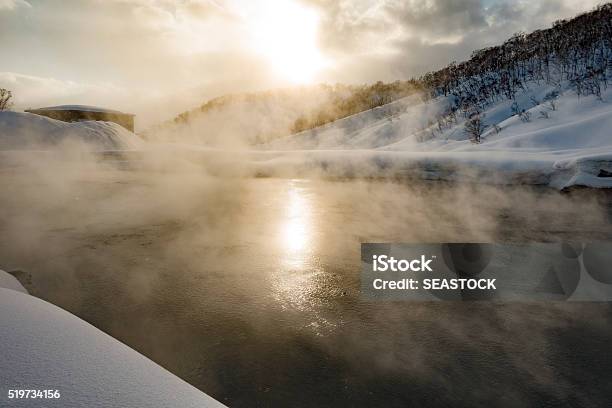 Sunny Day Natural Mountain Hot Springs Stock Photo - Download Image Now - Hot Spring, Hokkaido, Snow