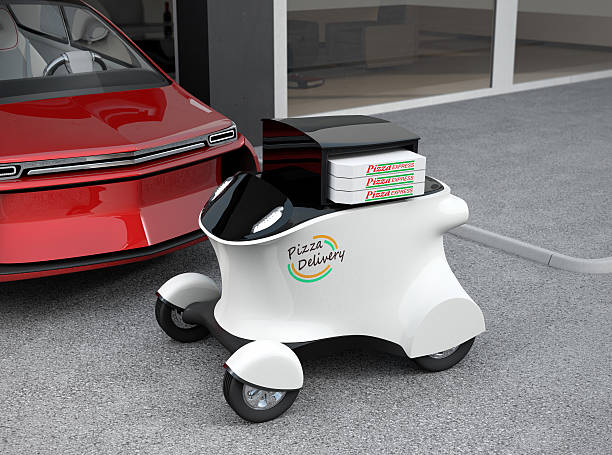 Autonomous delivery robot in front of the garage Autonomous delivery robot in front of the garage waiting for picking pizza. 3D rendering image in original design. runaway vehicle stock pictures, royalty-free photos & images