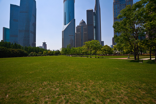 Park empty lawn with modern city buildings background in Shanghai Lujiazui