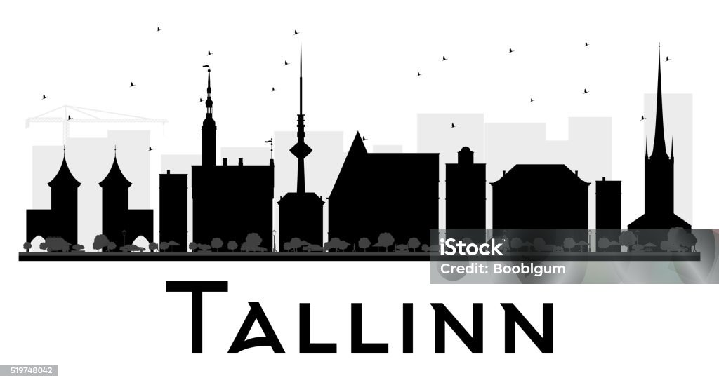 Tallinn City skyline black and white silhouette. Tallinn City skyline black and white silhouette. Vector illustration. Simple flat concept for tourism presentation, banner, placard or web site. Business travel concept. Cityscape with landmarks Tallinn stock vector