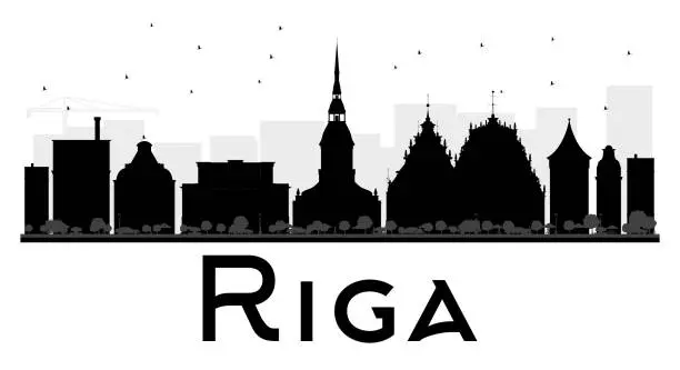 Vector illustration of Riga City skyline black and white silhouette.