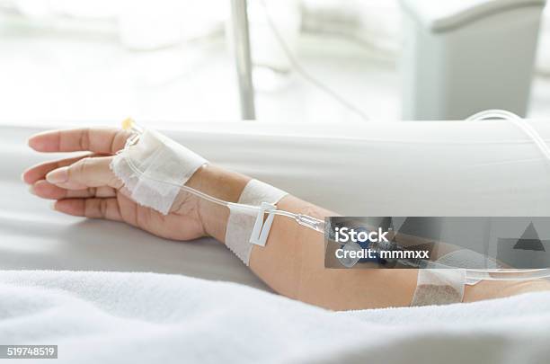 Close Up Patients Hand With Saline Solution Stock Photo - Download Image Now - Accidents and Disasters, Blood, Cancer - Illness