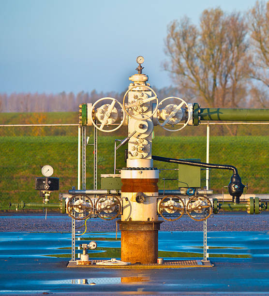 produkcja gazu ziemnego głowica szybu - flanges flange bolt oilfield zdjęcia i obrazy z banku zdjęć