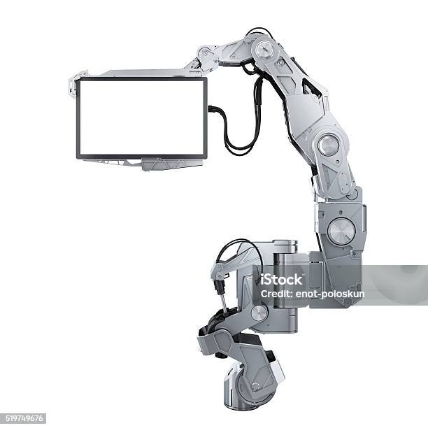 Robot Arm With Monitor Stock Photo - Download Image Now - Robot, Computer Monitor, Robotic Arm