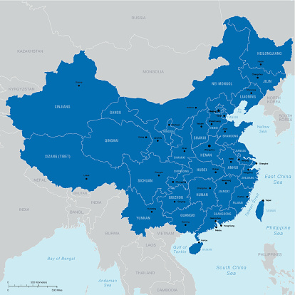 China map with regions, capital and cities