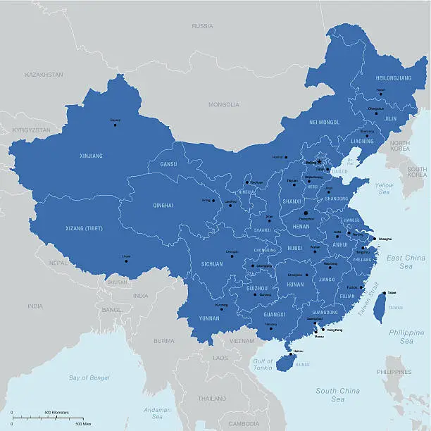 Vector illustration of China map with regions, capital and cities