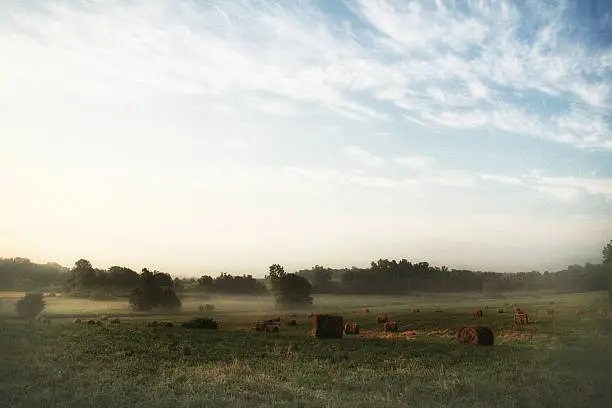 A few minutes past 5 AM, dawn sunlight is just starting to spread across patches of this agricultural field with its scattered hay bales and large patches of dense, misty fog still floating in the sky and coating much of the surface level view.