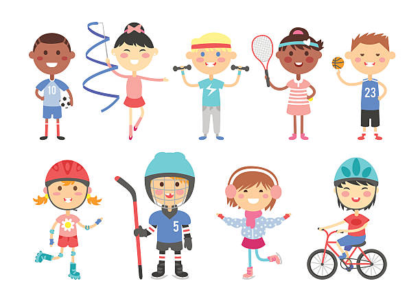 illustrazioni stock, clip art, cartoni animati e icone di tendenza di bambini che giocano giochi vari sport, usa hockey, calcio, la ginnastica - tennis child teenager childhood