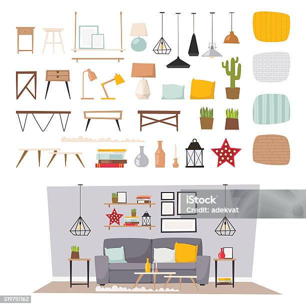 Ilustración de Muebles Y Decoración De Interiores Casa Concepto Conjunto De Iconos Plano Vector De y más Vectores Libres de Derechos de Lámpara eléctrica