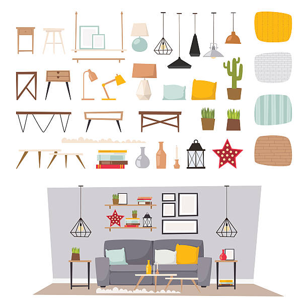 Furniture interior and home decor concept icon set flat vector Furniture interior decor elements and room design furniture interior style concept vector. Furniture interior and home decor concept icon set flat vector illustration. empty sofa stock illustrations