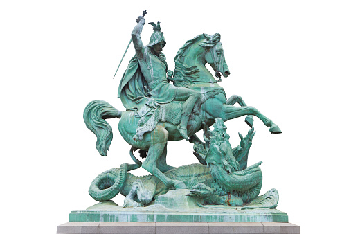 St. George killing the Dragon, bronze statue made by Austrian sculptor Anton Fernkorn in 1853. It's standing next to the Croatian National theatre in Zagreb, Croatia.