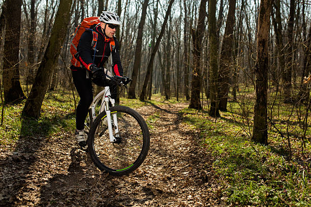 istock Mountain biker riding on bike in springforest landscape. 519754442
