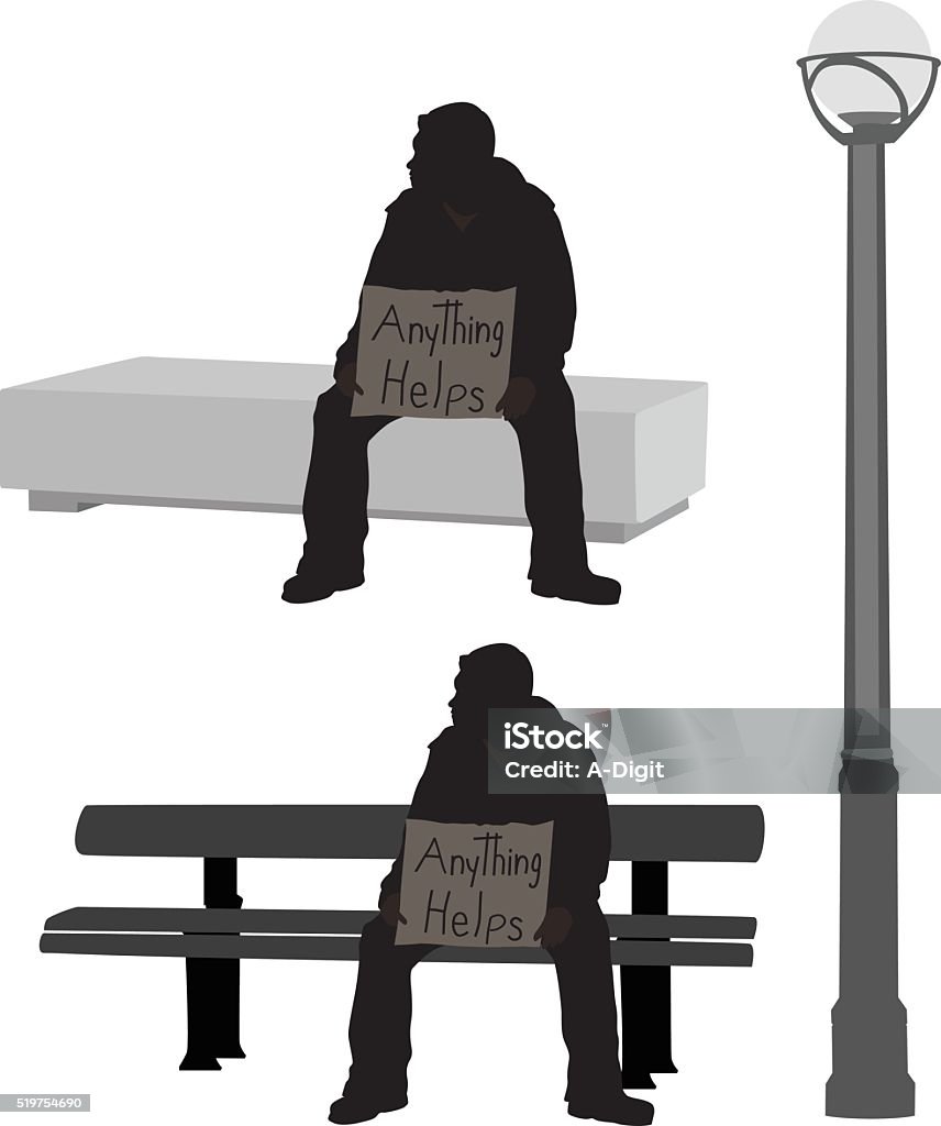 Begger Silhouette A vector silhouette illustration of a homless young man sitting on a bench in a street with a sign reading "anything helps" beside a lampost. Homelessness stock vector