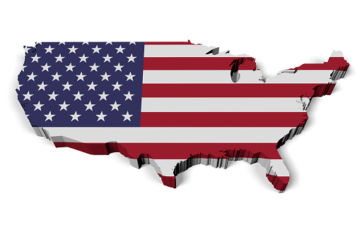 United States of America (USA) - 3D, computer generated flag, country shape - on white background.