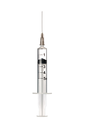 A 5ml syringe and needle isolated on a white background with clipping path.