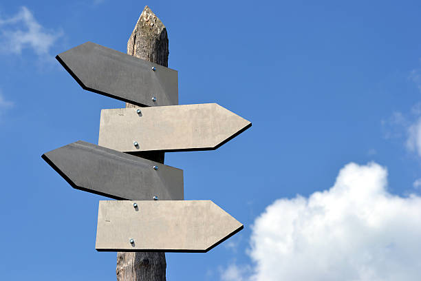 istock Wooden signpost with 4 arrows 519756518
