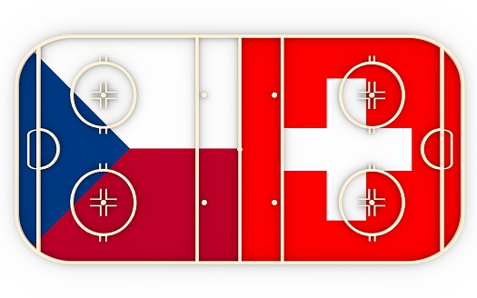 Czech vs Switzerland. Ice hockey competition 2016. National flags on playground. 3D rendering
