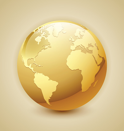 Golden glossy Earth icon isolated on background
