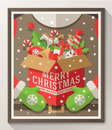 Santa Claus hands holding a box with Christmas toys, gifts and sweets - Holidays flat style poster in wooden frame. Vector illustration