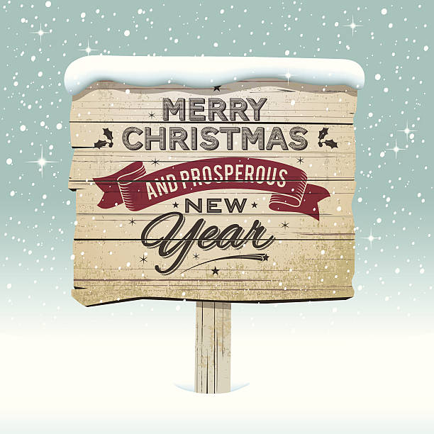 Old vintage wooden Christmas sign in the snow vector art illustration