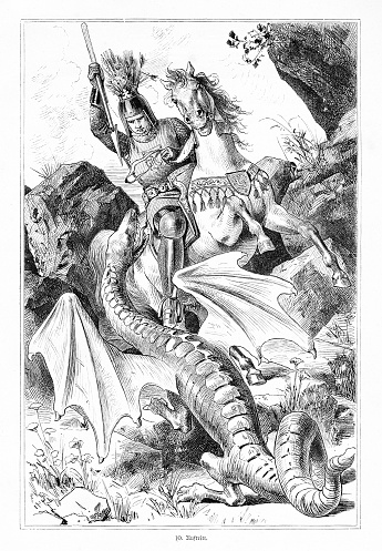 St. George slaying the dragon. Picture made copper engravings in the book of the 19th century.