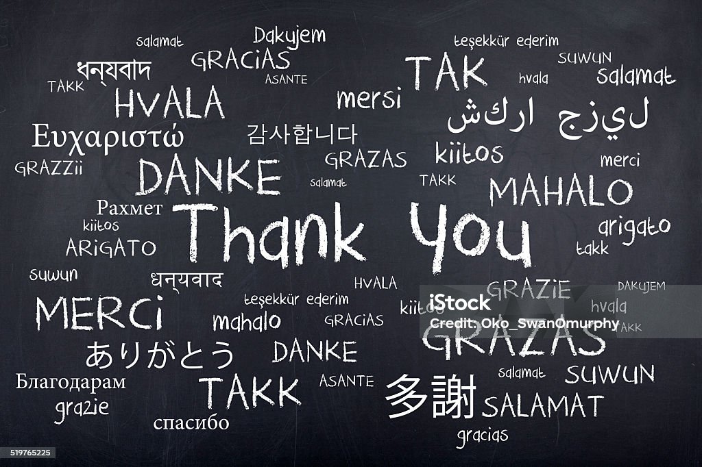 Thank You Word Cloud in Many Different Languages Thank You Word Cloud, Thank You in Many Different Languages on Chalkboard Thank You - Phrase Stock Photo