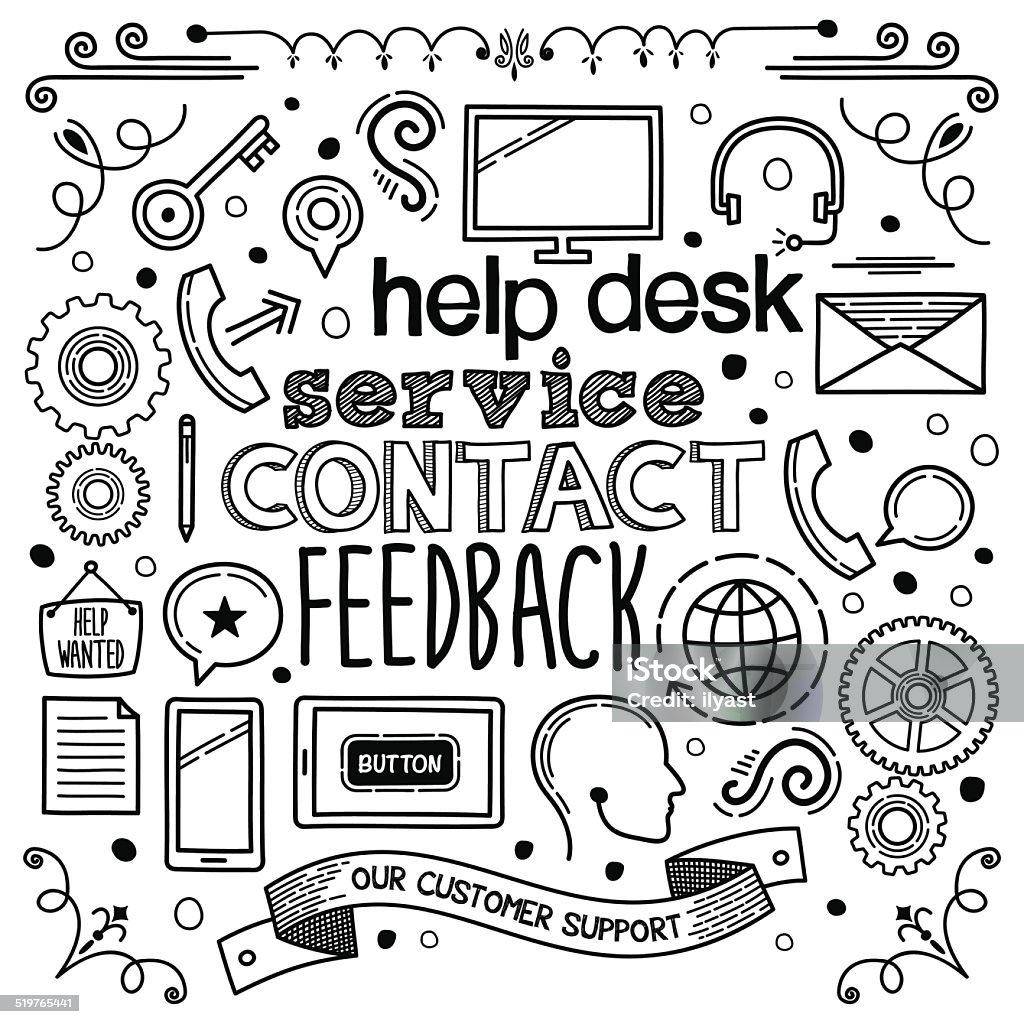 Customer Support Customer Support (doodle) hand-drawn illustration. Drawing - Activity stock vector