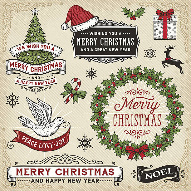 ilustrações de stock, clip art, desenhos animados e ícones de retro sinais de natal banners e frames - christmas present bow christmas snowflake