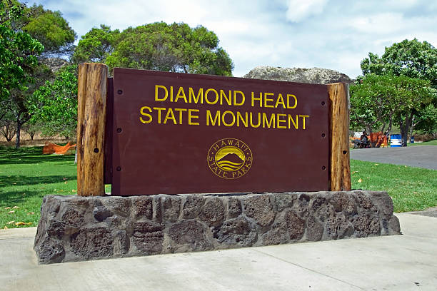 Diamond Head State Monument Park Sign close Honolulu  Oahu Haw