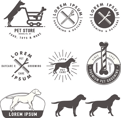 Set of retro pet care labels, badges and design elements.