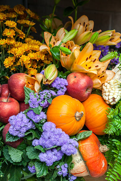 istock Composition with flowers pumpkins and apples 519769683