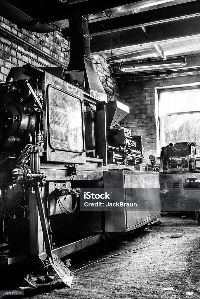 old factory interior old soviet union factory interion. plastic machine Abandoned Stock Photo