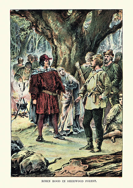 Robin Hood in Sherwood Forest Vintage engraving of Robin Hood in Sherwood Forest. Robin Hood is a heroic outlaw in English folklore who, according to legend, was a highly skilled archer and swordsman. Traditionally depicted as being dressed in Lincoln green, he is often portrayed as "robbing from the rich and giving to the poor. sherwood forest illustrations stock illustrations